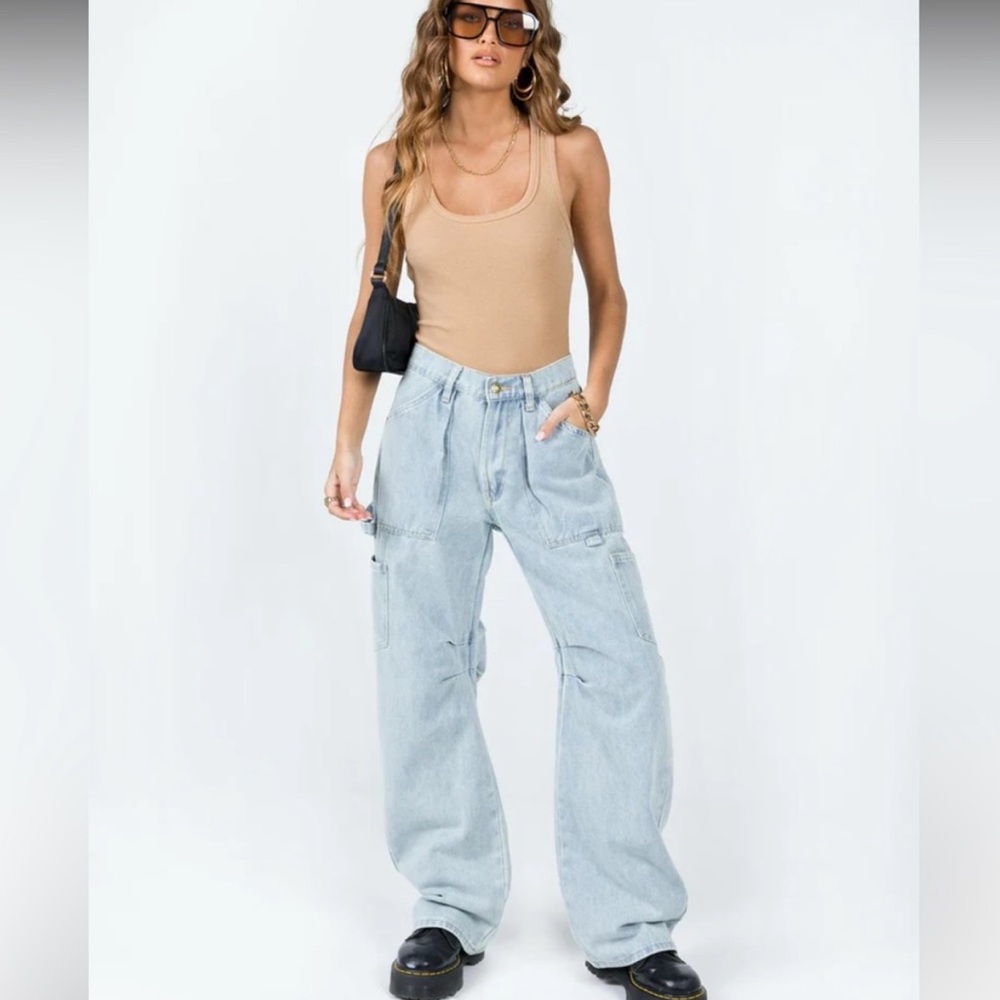 Lioness Light Wash Wide Leg Cargo Jeans